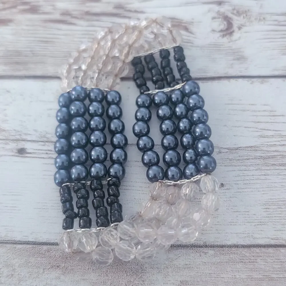 Vintage Stretch Bracelet Three Row Blue, Black, Frosted